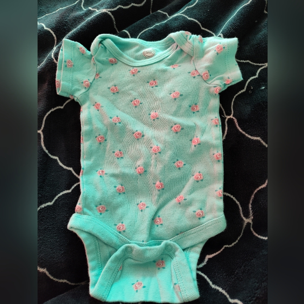 Wonder Nation Mint Green Baby Onesie with Pink Rose Print